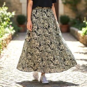 Frye & Co Black & Gold Floral Midi Skirt M Romantic Boho Cottagecore Brunch Fall